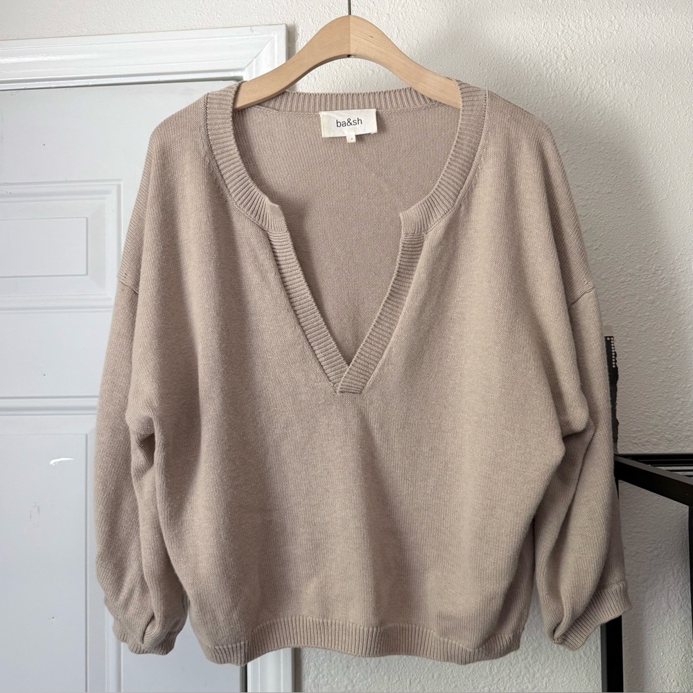 BA&SH tan wool cotton soft oversized popover polo‎ boxy cropped batwing dolman